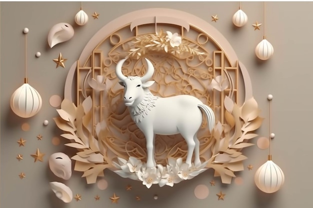 3d rendering of a white goat in a round frame on a brown background