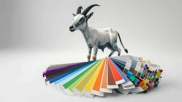 A 3D rendering of a white goat standing on a circular paint swatch The goat is looking at the camera with a curious expression