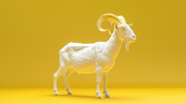 Photo 3d rendering of a white goat with golden horns standing on a yellow background the goat is facing the left of the viewer