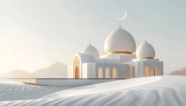 3d rendering of white and gold mosque with crescent moon and white sand desert