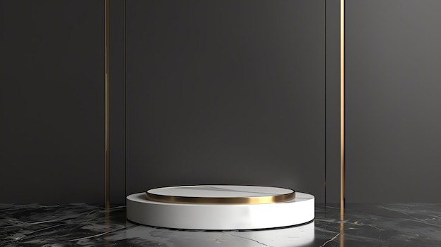 Photo 3d rendering of a white and gold podium on a marble floor against a dark background