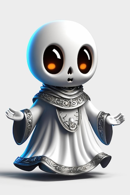 3D rendering of a white Halloween cute ghost isolated on gray background