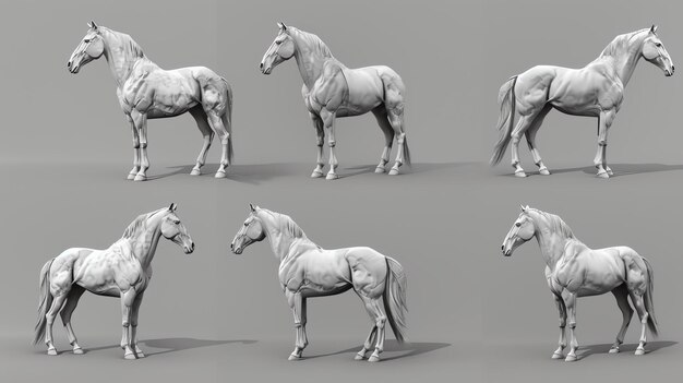 Photo 3d rendering of a white horse in various poses the images are realistic and show the horses muscular structure