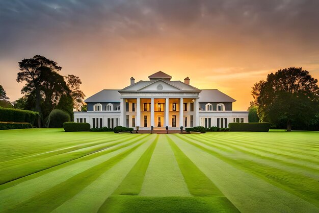 A 3d rendering of a white house with a green lawn and a sunset background.