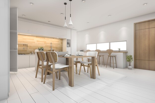 3d rendering white kitchen with bar and dining table