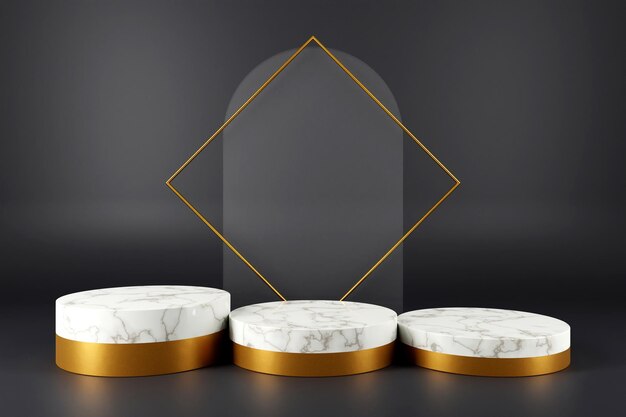 3d rendering of white marble and gold pedestal on black background with abstract minimal concept