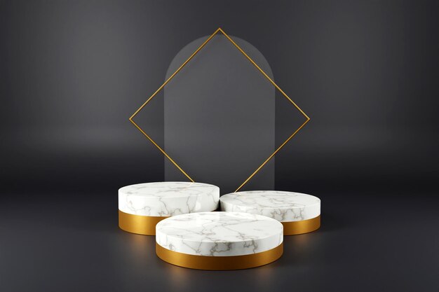 3d rendering of white marble and gold pedestal on black background with abstract minimal concept