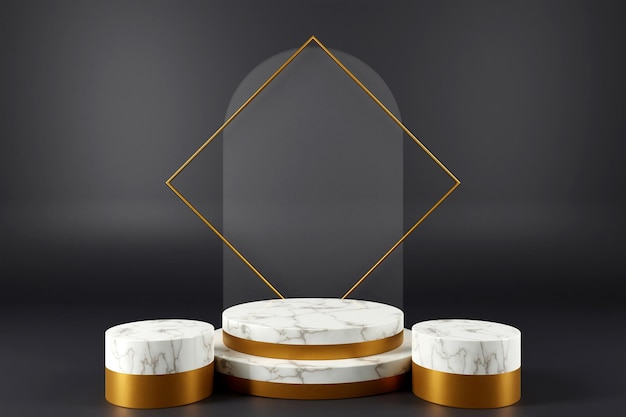 3D-рендеринг белого мрамора и золотого пьедестала на черном фоне с абстрактной минимальной концепцией