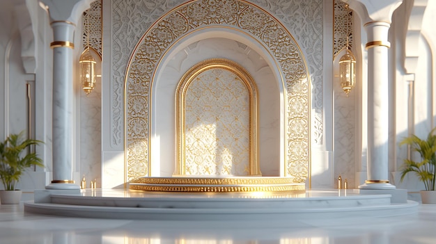 3d rendering of white marble podium with golden Arabic pattern