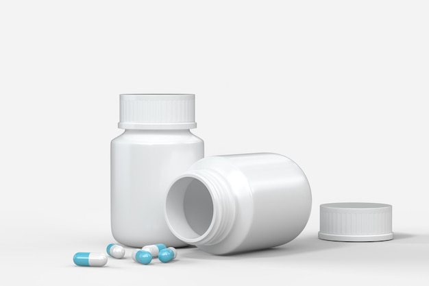 Foto flacone di medicina bianco rendering 3d con capsule