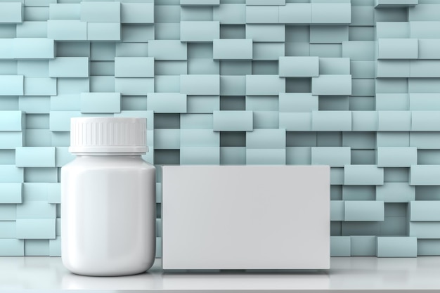 Фото 3d рендеринг белой бутылки лекарств с коробками упаковки компьютерное цифровое изображение