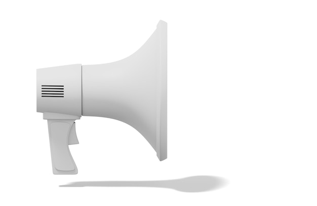 Photo 3d rendering white megaphone on white background with space for text side view