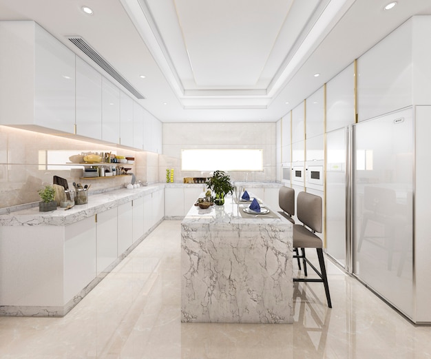 3d rendering white minimal kitchen with luxury decoration