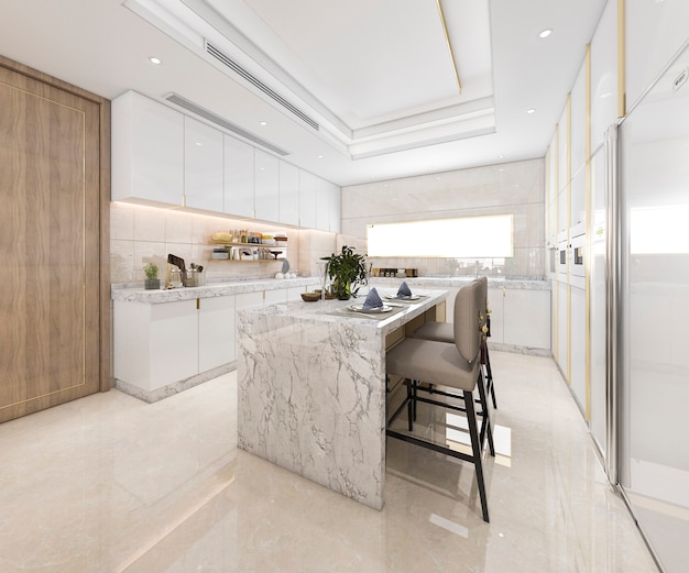 Photo 3d rendering white minimal kitchen with luxury decoration