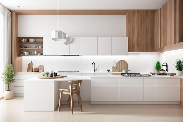 3d rendering white minimal kitchen with wood decoration