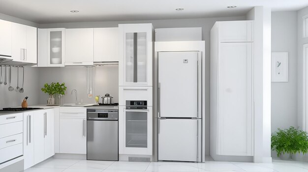 3d rendering white modern design kitchen with fridge