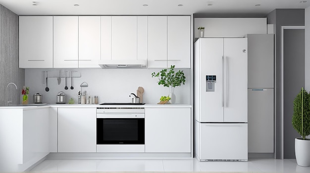 3d rendering white modern design kitchen with fridge