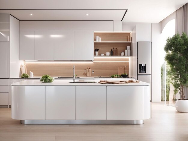 3d rendering white modern kitchen design decoration with fridge