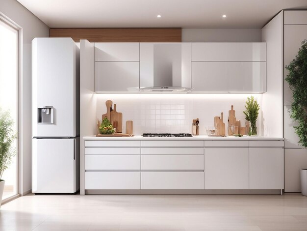 3d rendering white modern kitchen design decoration with fridge