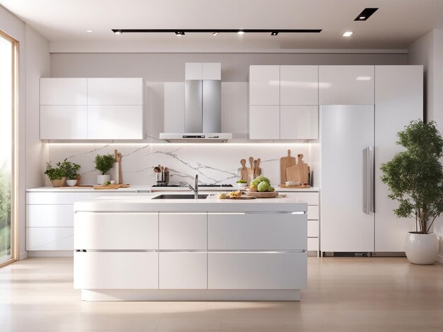 3d rendering white modern kitchen design decoration with fridge