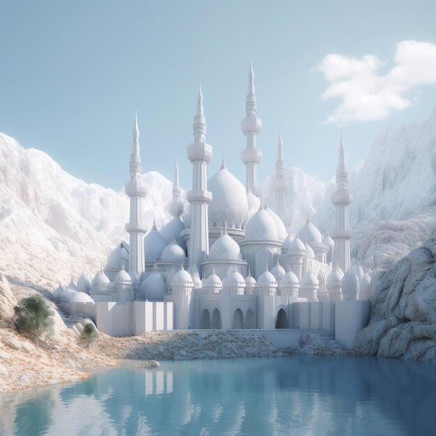 3d rendering of a white mosque in the mountains generated by AI