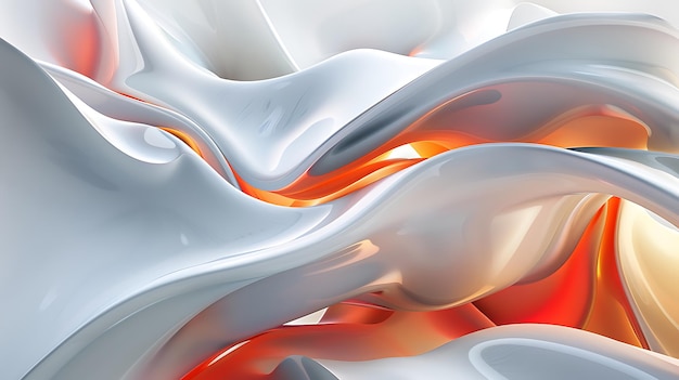3D-рендеринг белого и оранжевого абстрактного фона с гладкими текущими линиями