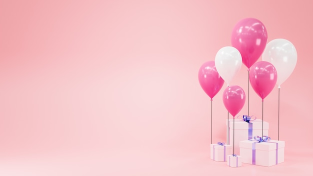 3D Rendering. White and pink balloon with White gift box on pink background.