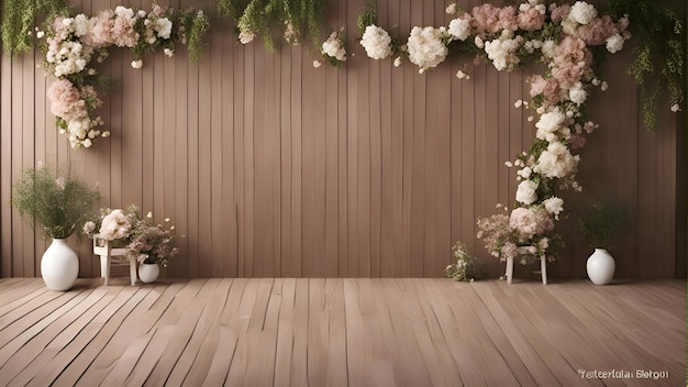 나무 바닥에 있는 꽃병에 흰색과 분홍색 꽃의 3d 렌더링