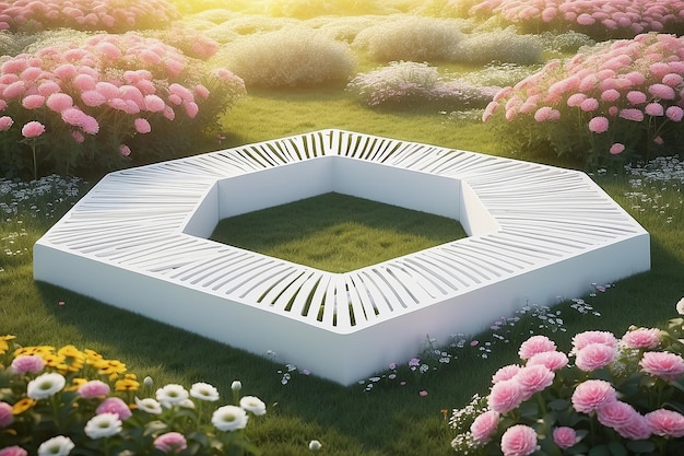 3d rendering of white platform in flowers field