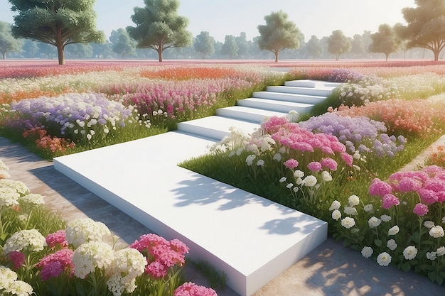 3D レンダリング 白いプラットフォームの花のフィールド