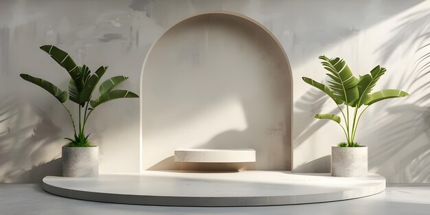 3d rendering of white podium for product presentation with palm leaf shadow on the wall Ai Generated