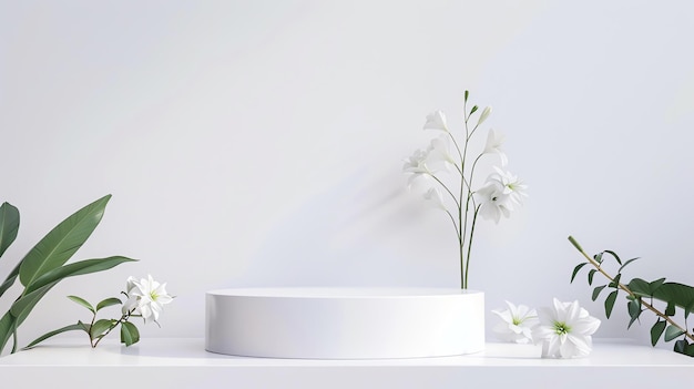 Photo 3d rendering of a white podium with a flower on it the podium is surrounded by white flowers and green leaves the background is a white wall