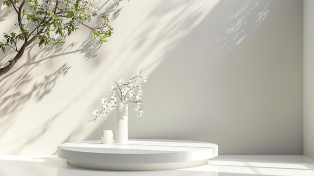 3D rendering of a white podium with a flower vase on it The vase is filled with white flowers