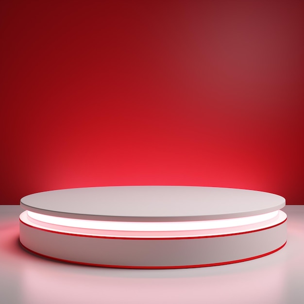 3D rendering of a white podium with red lights around it on a red background