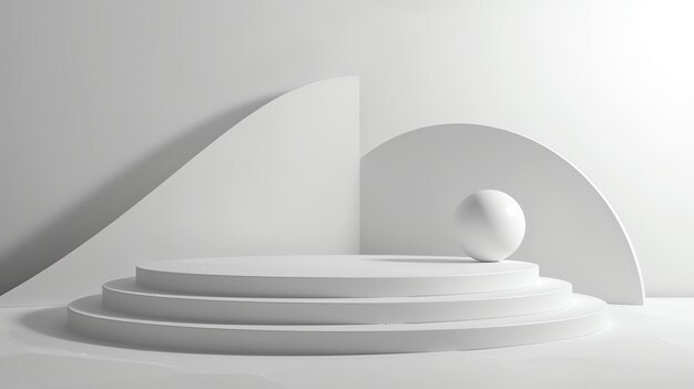 3D rendering of a white podium with a sphere on it The podium is surrounded by a white background with a curved wall and a halfcircle on the floor