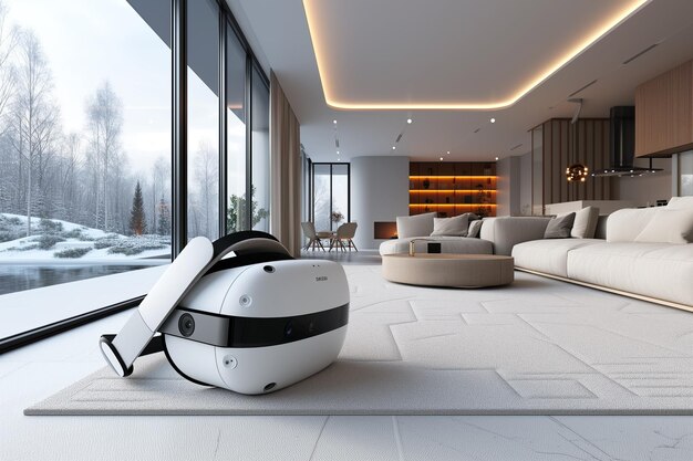 Photo 3d rendering of white robot vacuum cleaner in modern living room