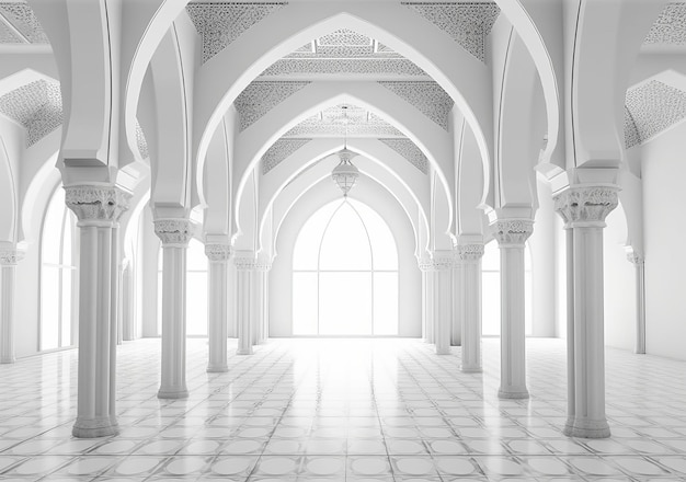 A 3d rendering of a white room with arches and columns.