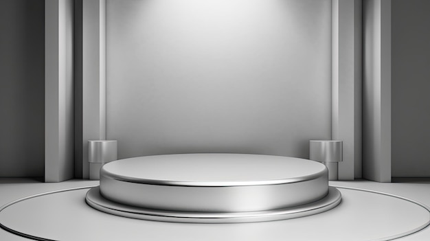 3d rendering of white round podium on gray background Platform for product presentation