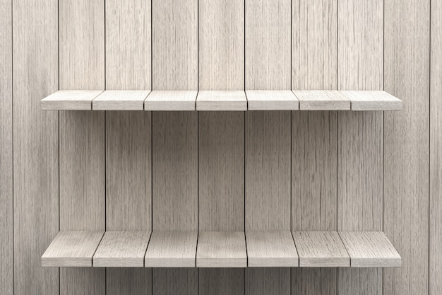 Foto rappresentazione 3d, fondo di legno della tavola dello scaffale bianco per l'esposizione del prodotto