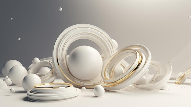 A 3d rendering of a white sphere with a gold rim and a white planet in the middle.