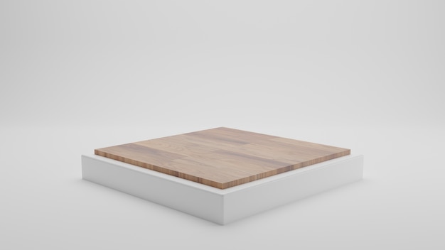 Foto rendering 3d del quadrato bianco con legno sul podio superiore