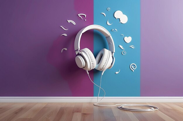 3D rendering of white symbol of communication bubble with headphone inside icon