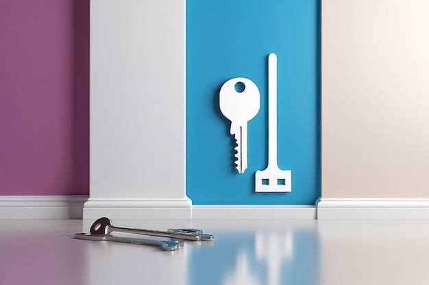 Photo 3d rendering of white symbol of french key and screwdriver icon leaning on on color wall with floor blurred reflection with empty space on right side