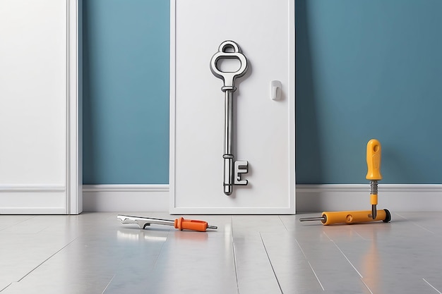 3D rendering of white symbol of french key and screwdriver icon leaning on on color wall with floor blurred reflection with empty space on right side