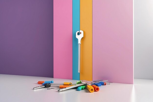 3D rendering of white symbol of french key and screwdriver icon leaning on on color wall with floor blurred reflection with empty space on right side