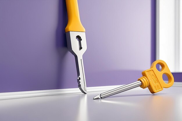 Photo 3d rendering of white symbol of french key and screwdriver icon leaning on on color wall with floor blurred reflection with empty space on right side