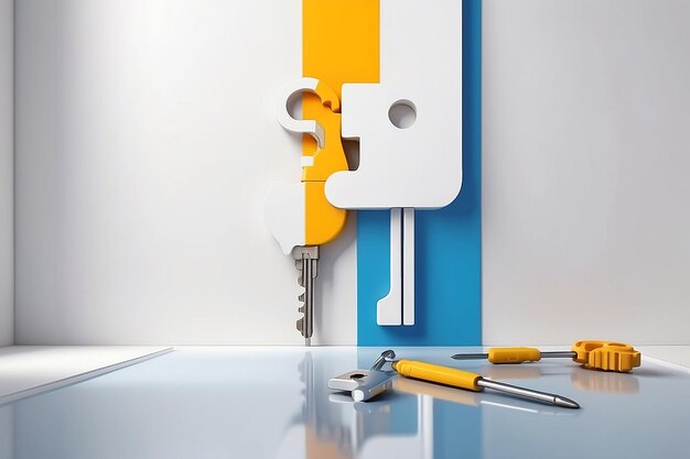 3D rendering of white symbol of french key and screwdriver icon leaning on on color wall with floor blurred reflection with empty space on right side