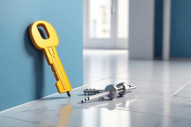 Photo 3d rendering of white symbol of french key and screwdriver icon leaning on on color wall with floor blurred reflection with empty space on right side