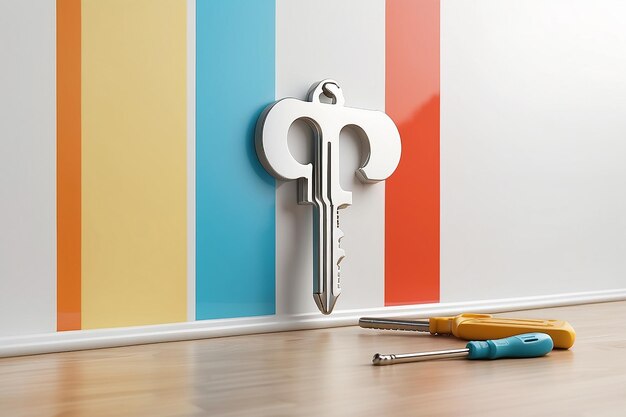 Photo 3d rendering of white symbol of french key and screwdriver icon leaning on on color wall with floor blurred reflection with empty space on right side