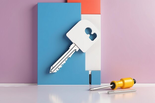 3D rendering of white symbol of french key and screwdriver icon leaning on on color wall with floor blurred reflection with empty space on right side